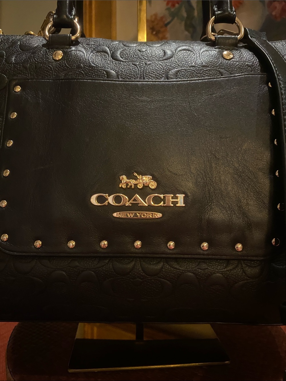 Coach Emma Black Satchel Crossbody Signature C and Cowhide Leather w/Gold studs - Picture 2 of 16
